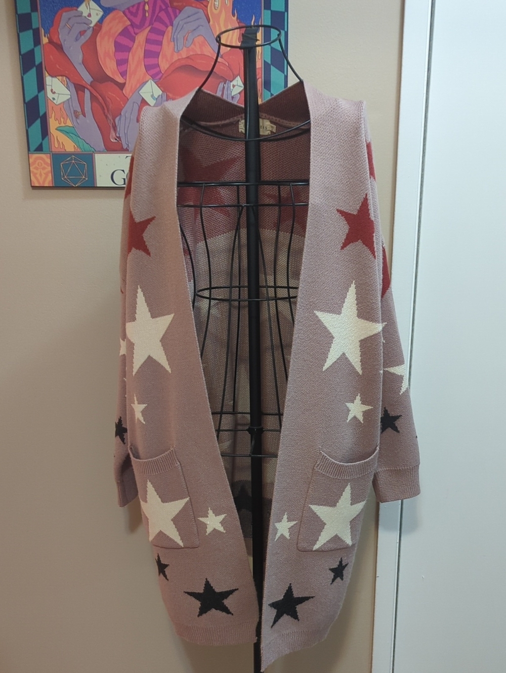 Dreamers Dusty Pink Star Open Cardigan with Red, Cream & Black Stars